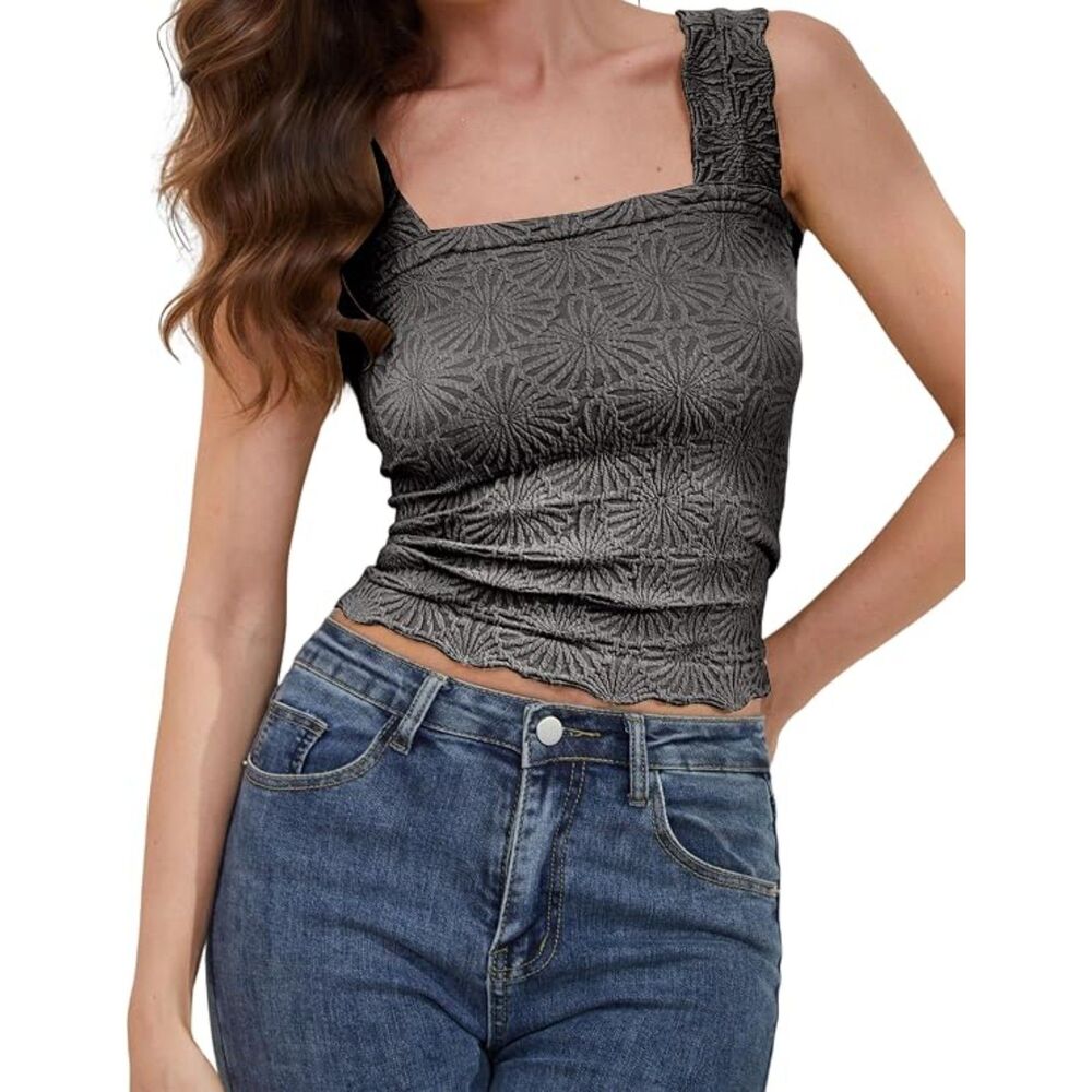 Square Neck Wide Strap Crop Tank, Medium, 4G-153T003